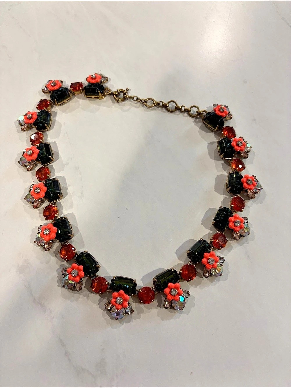 J.Crew Neon Flower Crystal Statement Bib Necklace Gold & Red
